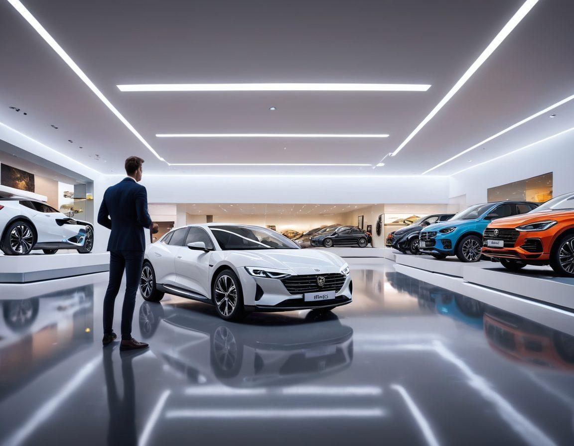 A modern car showroom bustling with enthusiastic customers examining the latest car models, featuring sleek designs and innovative technology. Display a friendly sales representative engaging with potential buyers, with information boards showcasing current automotive trends and tips. Bright overhead lights reflecting off polished vehicles, creating an inviting atmosphere. super-realistic. vibrant colors. 3D.