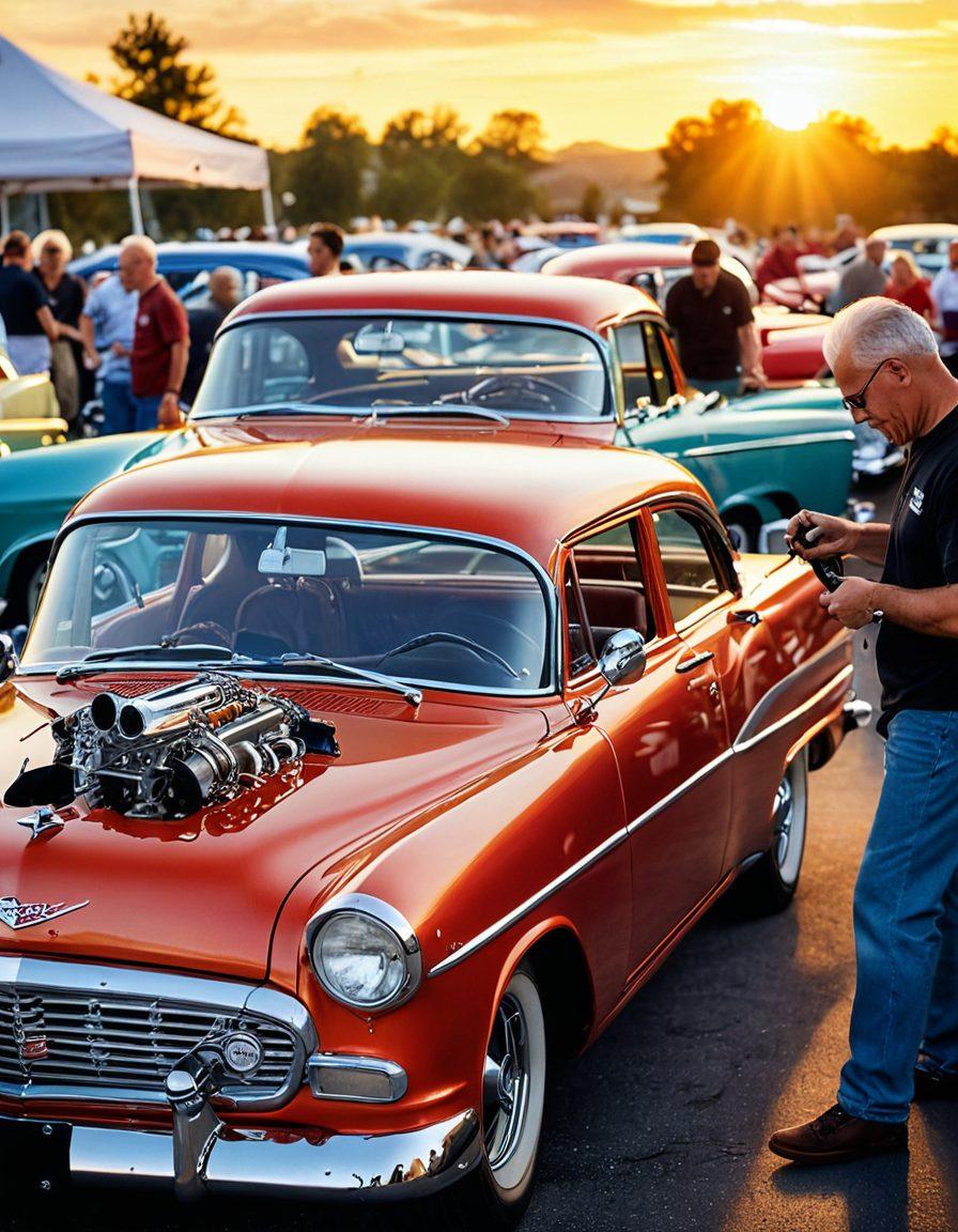 A dynamic scene featuring a diverse group of car enthusiasts gathered around a classic vintage car, sharing tips and insights. The background showcases a vibrant car show with colorful vehicles, tools, and accessories. A close-up of a mechanic's hands working on an engine, symbolizing knowledge passing through generations. Include a sunset sky to create a warm and inviting atmosphere. super-realistic. vibrant colors.