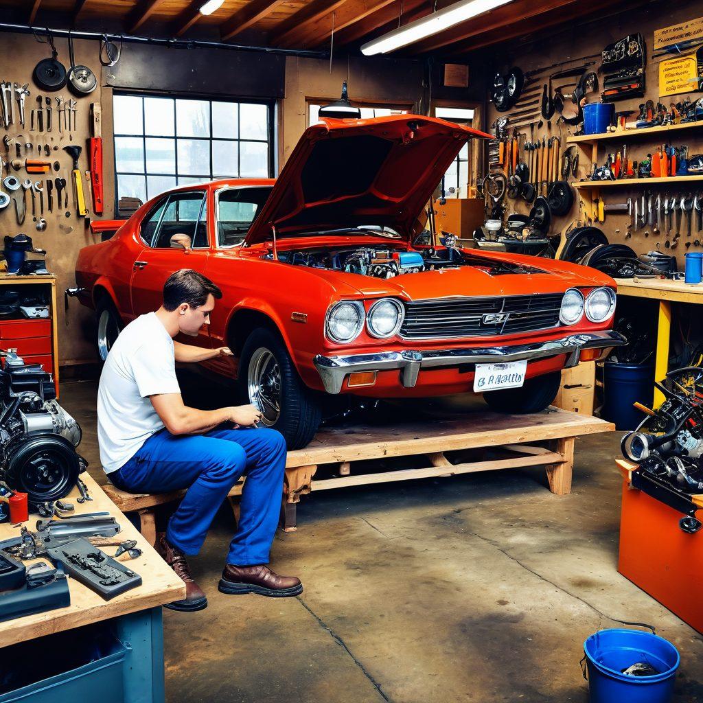 An artistic representation of a car repair workshop bustling with activity, showcasing a mechanic inspecting an engine with tools scattered around, colorful charts and graphs symbolizing market insights on the walls, and a vintage car in the background being lovingly restored. super-realistic. vibrant colors. 3D.